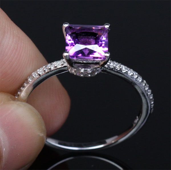 PRINCESS CUT DARK PURPLE AMETHYST   14K WHITE GOLD PAVE DIAMOND 