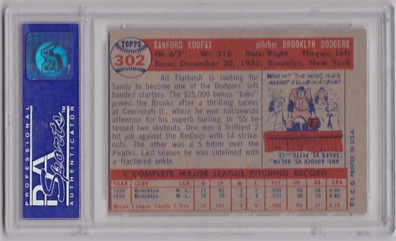 1957 Topps Sandy Koufax #302 PSA 7   Brooklyn Dodgers  