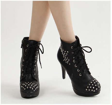 Womens Stud Lace Up side zip Combat Platform heel boots  