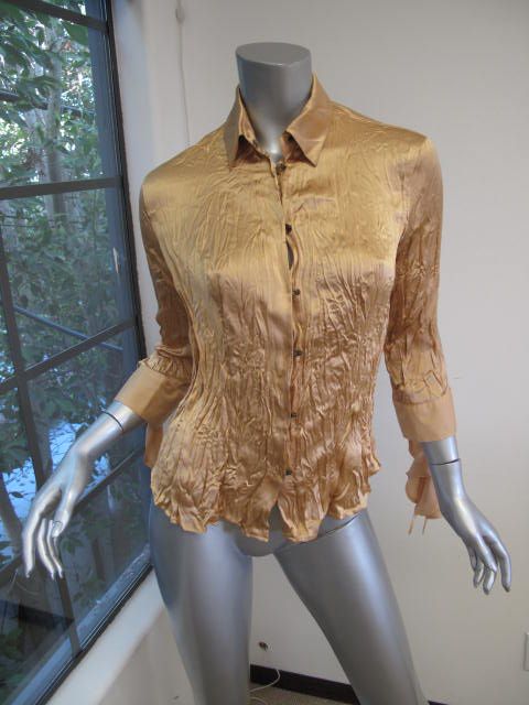 Roberto Cavalli Gold Long Sleeve Wrinkled Hook & Eye Blouse S  