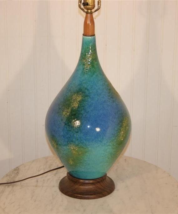 Mid Century Danish Modern Walnut WORLD GLOBE blue green Pottery Lamp 