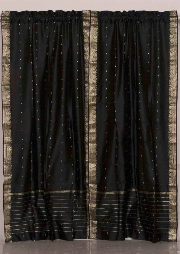 Rod Pocket   Pair Black Silk Sari Curtains / Drapes / P  