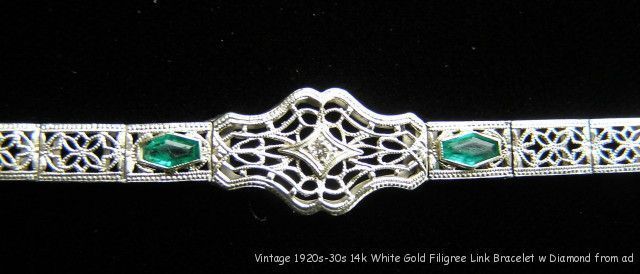 Antique Estate Deco Era 14k White Gold Filigree Diamond Bracelet c1920 