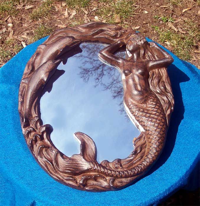 Mermaid Swimming w/Dolphins Mirror Cast Iron  