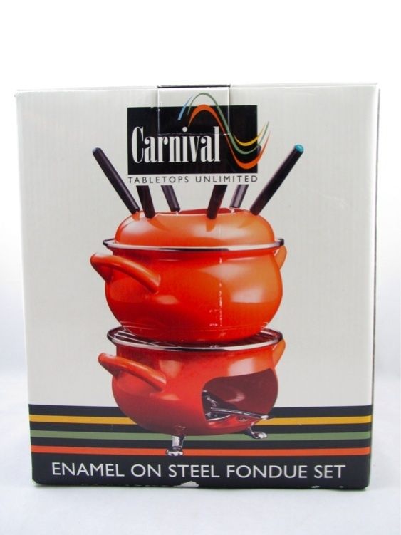 Carnival Orange Enamel on Steel Fondue Set   New  