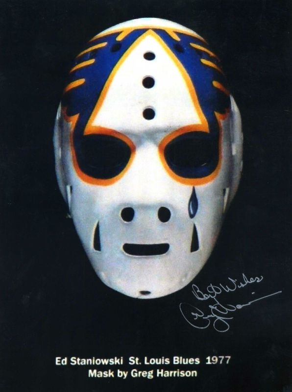 Staniowski NHL Mask Pic Signed By Pioneer Greg Harrison  