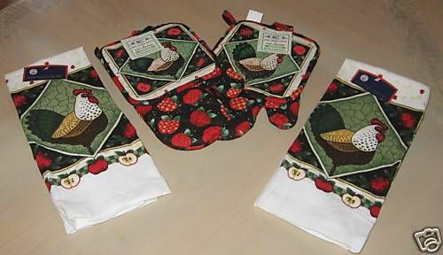 PC ROOSTER APPLE POT HOLDER OVEN MITT TOWELS SET NEW  