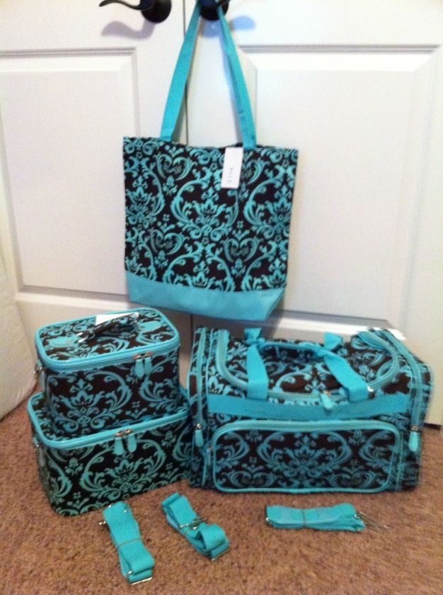 BROWN & TURQUOISE FLORAL PRINT 4 PC LUGGAGE SET  