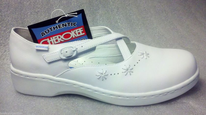   Authentic CHEROKEE Peace White Leather Strap Nurse Shoes 9,9.5,10