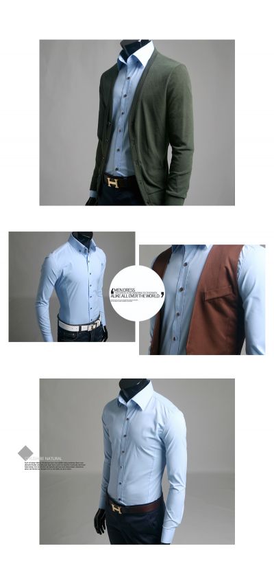 Guys_New Casual Dress Slim Fit Shirts 3Button Down Blue no.23  