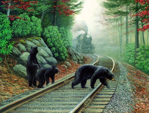 500 pc RAILROAD TRAIN JIGSAW PUZZLE, BEARS ON TRACKS  