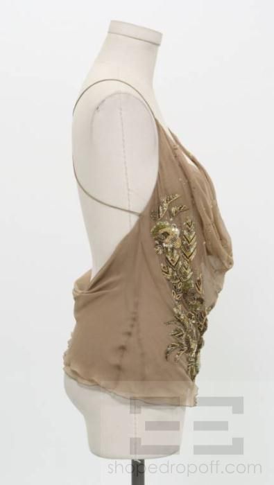 Valentino Roma Tan Silk Chiffon & Gold Beaded Top Size 42/6 NEW  