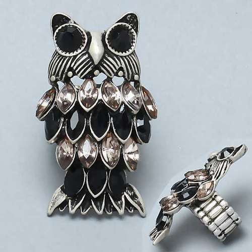 Burnished Silvertone Owl Stretch Jeweled Cocktail Ring  