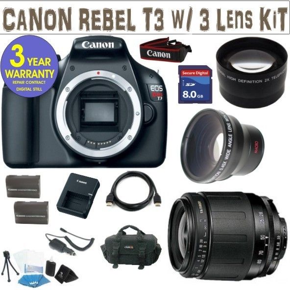   NEW CANON REBEL T3 w/ 3 LENS BASIC TAMRON KIT 610563301157  