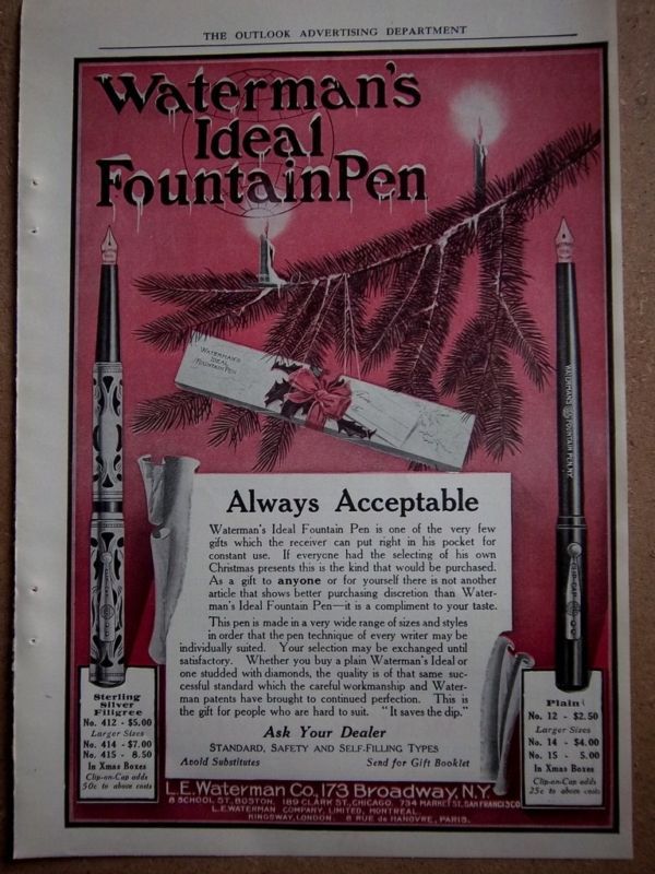 1910 LE Watermans Ideal Fountain Pen Xmas Ad  