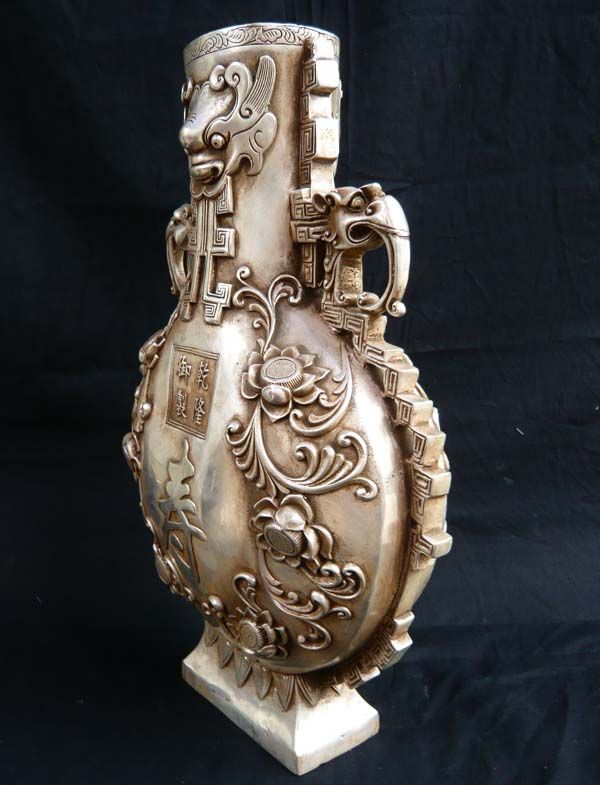 15 Old Chinese Silver Fortune &Longevity Dragon Vase  