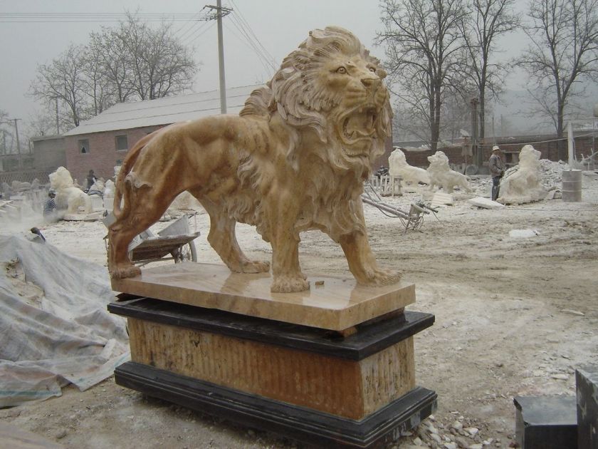   PAIR OF STANDING ESTATE HAND CARVED MARBLE LIONS ON BASES MLB7  