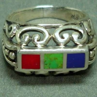 Womens Sterling Silver Multiple Gemstones Ring   Filigree Design 