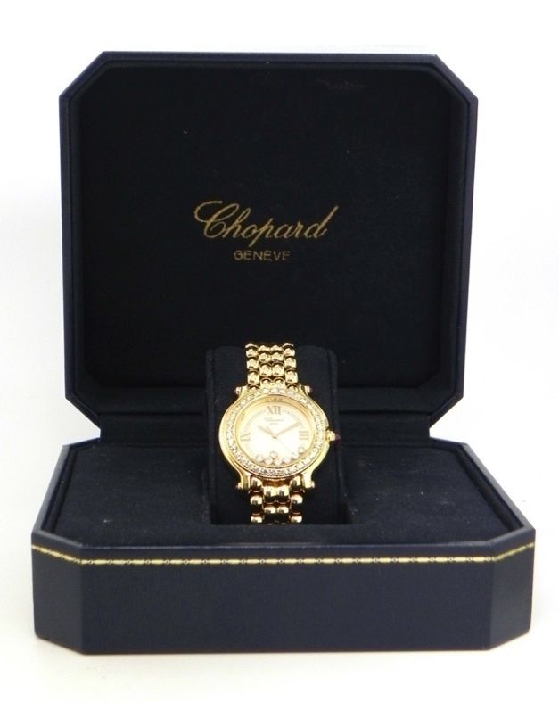 Ladies 18k Y/G Chopard Diamond Bezel Watch & Box  