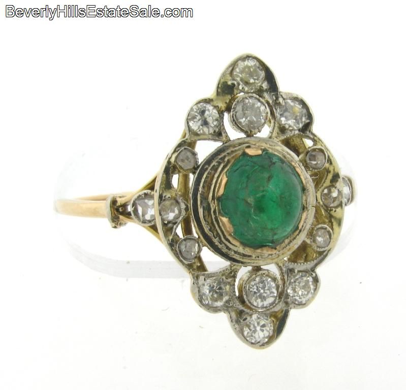 Antique Art Deco 18k Gold Diamond Cabochon Emerald Ring  