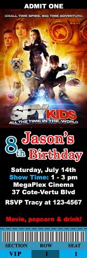 Spy Kids 4 / Dolphin Tale Movie Birthday Party Ticket Invitations VIP 