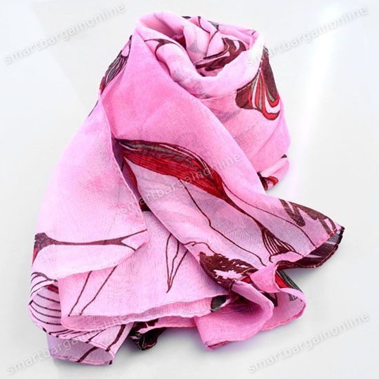 1x Pink Color Begonia Flower Pattern Long Wrap Scarf Shawl Fashion 