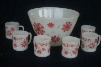 Fire King Tom & Jerry Punch Bowl 6 Cups Snow Flake 50s  