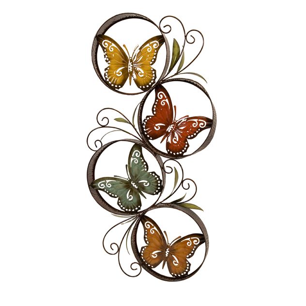 Metal wall décor detailing multiple encircled, colorful butterflies.