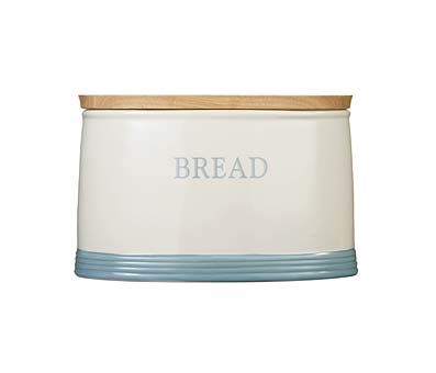 BLUE BREAD BIN CERAMIC STORAGE BOX CANISTER W WOOD LID  