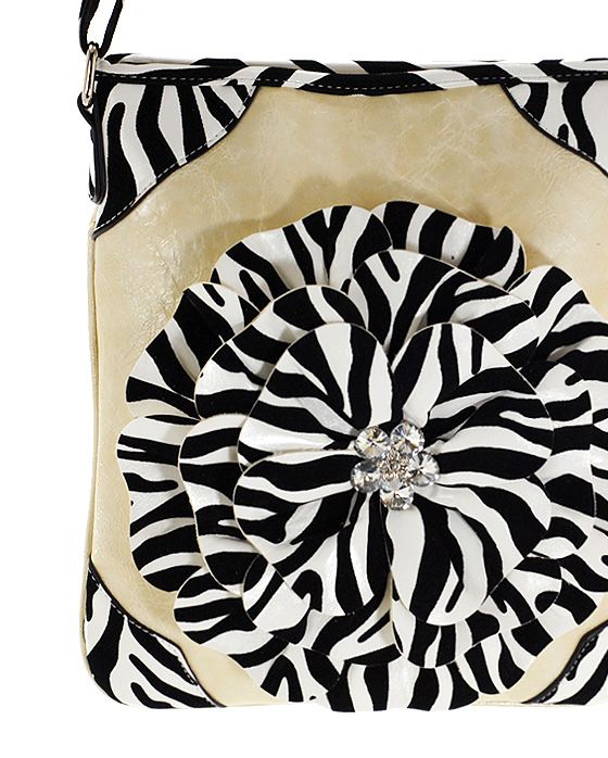 ZEBRA FLOWER MESSENGER CROSS BODY HANDBAG PURSE TAN NWT  