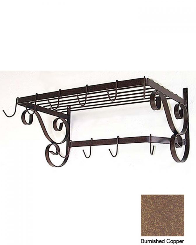 French Wall Pot Rack with Bar 10 Hooks Burnished Copper  