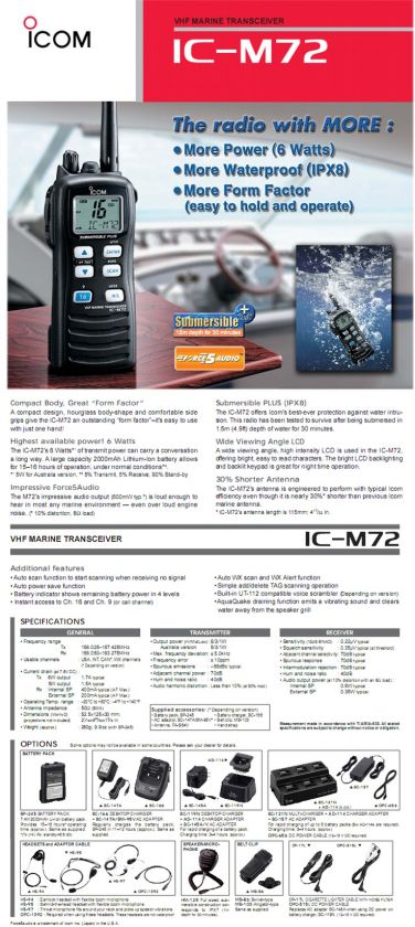 ICOM IC M72 6Wts. SUBMERSIBLE VHF MARINE RADIO TRANSCEIVER  