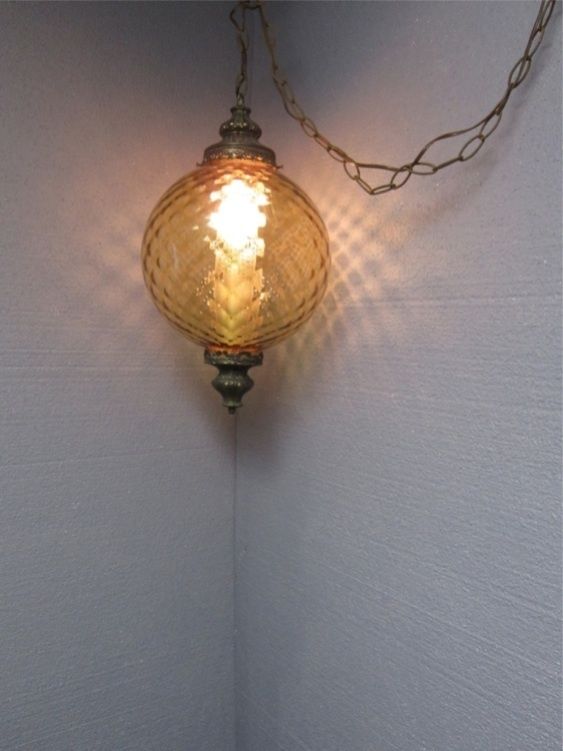 Amber vtg hanging swag lamp light mid century modern 60s mad men optic 