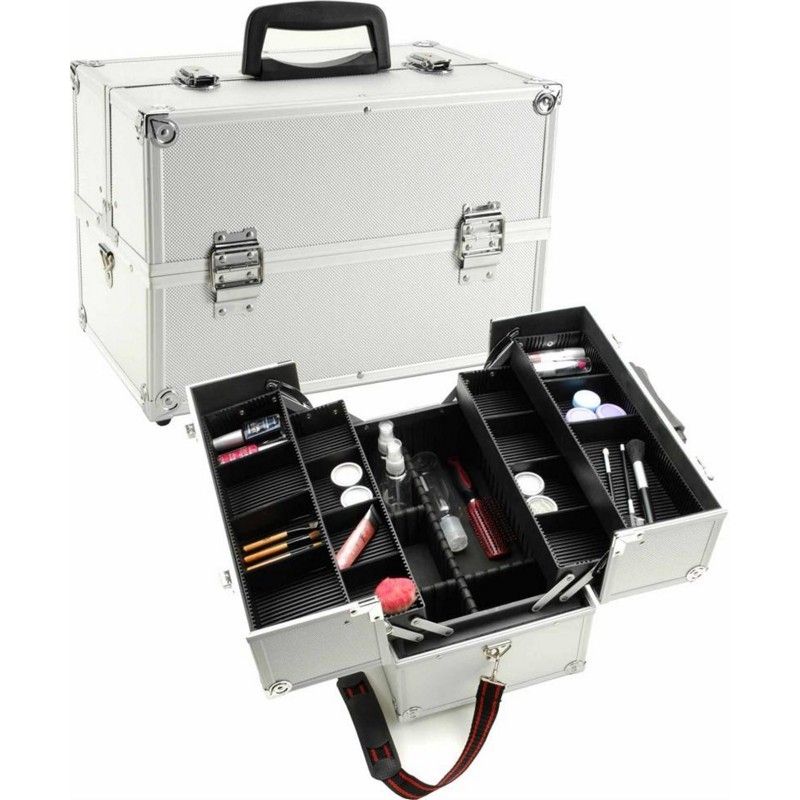 ALUMINUM MAKEUP COSMETIC TRAIN STORAGE CASE WITH TIERS AND LOCK AND 