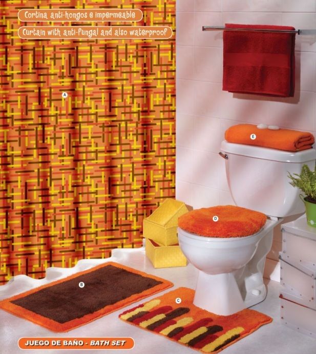 NEW ORANGE BROWN YELLOW CURTAIN MAT RUG BATH SET 6 PC  