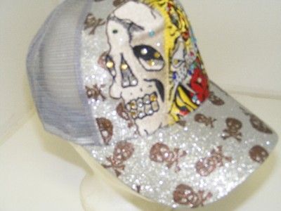 TATTOO STYLE TRUCKER SKULL SILVER TIGER SNAP BACK HAT  