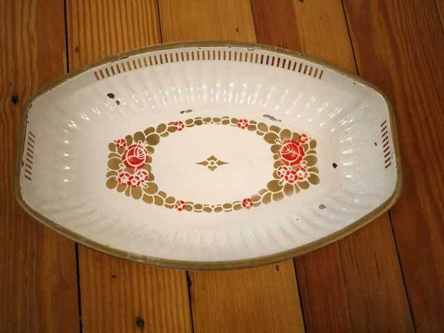 Vintage 50s Gold Rose Enamel Metal Jewelry Tray Platter 12 x 7.5 x 2 