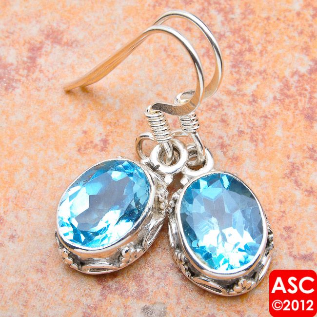 GENUINE BLUE TOPAZ .925 SILVER EARRINGS 1 1/8  