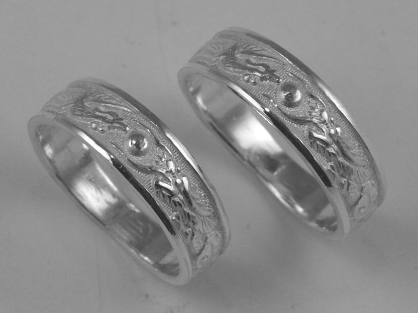 Sterling Silver Dragon Phoenix Rings Wedding Band Set  