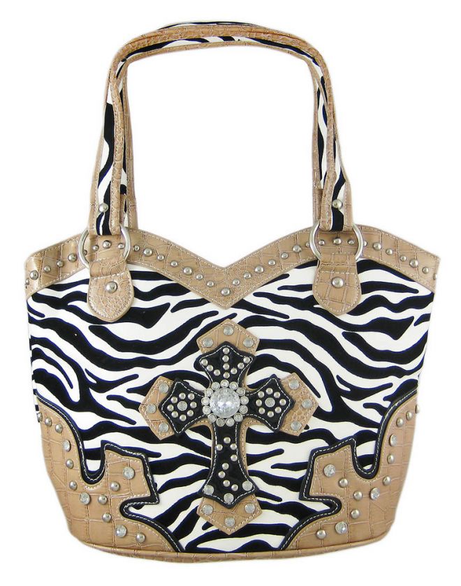 Zebra Print Rhinestone Cross Handbag Tan Trim  